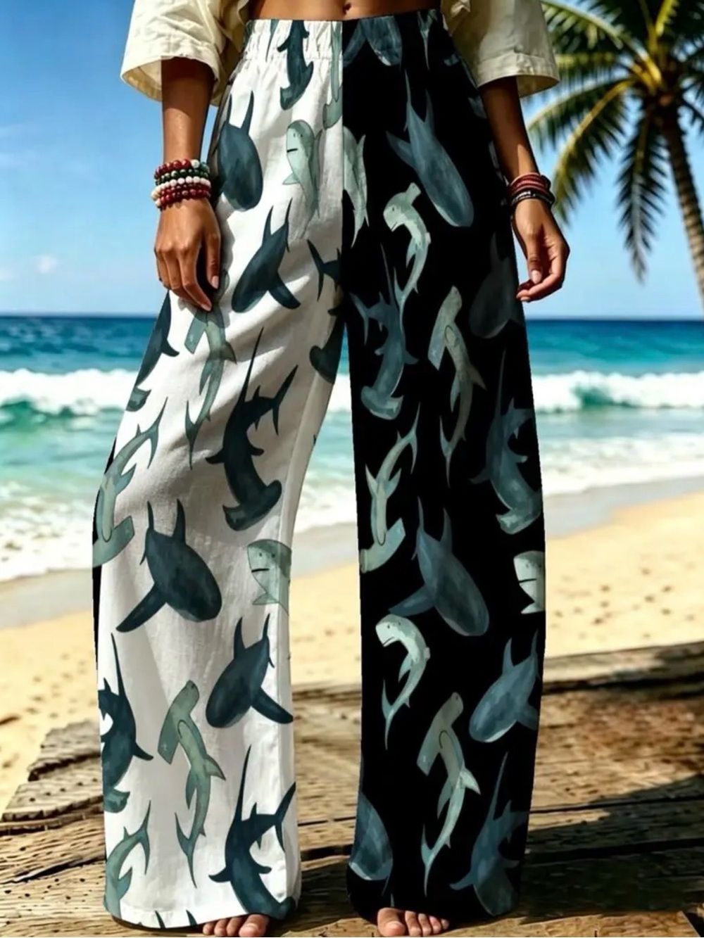 Wide-Leg Shark Print Beach Pants - Black & White